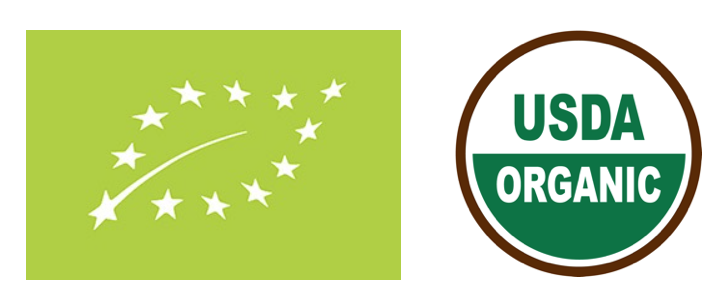 왼쪽 유럽 EU 오가닉 로고, 오른쪽 미국 USDA 오가닉 로고